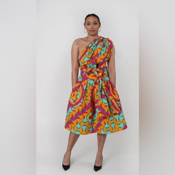 Orange Multicolor Handmade Cotton Infinity Midi Dress - Picture 2 of 5